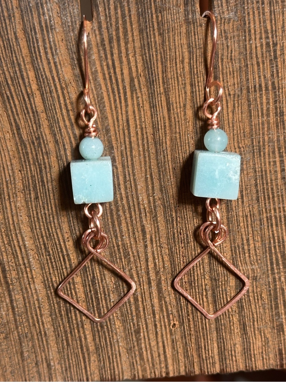 Handmade Copper Amazonite Earrings | Geometric Dangle Earrings Wire wrapped